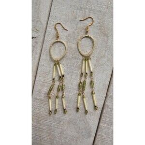 Zinnialou Jewelry Vermeil Teardrop Porcupine Quills Green Bead Dangling Earrings